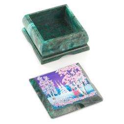 Шкатулка змеевик рисунок зима 10х10х6,5 см