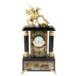 Каменные часы с бронзовым литьем &amp;quot;Георгий Победоносец&amp;quot; офиокальцит