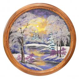 Панно каменное на тарелке из дерева "Зимний пейзаж" 60 см
