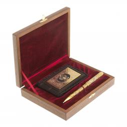 Подарочный набор "Гербовый" кожаная визитница и ручка Златоуст