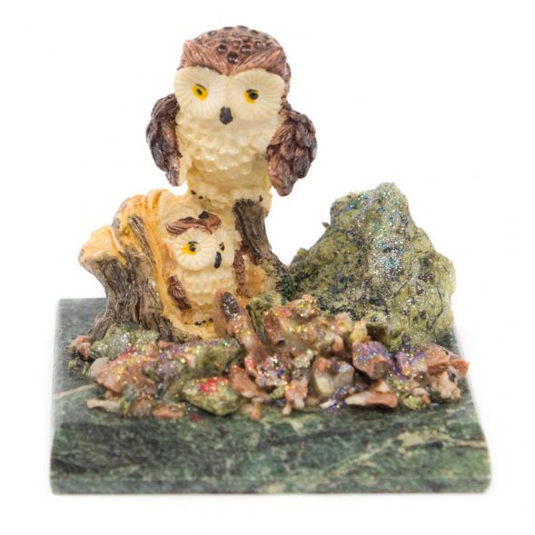 Сувенир &amp;quot;Два филина на пне с дуплом&amp;quot; змеевик 116551