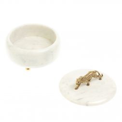 Шкатулка круглая "Гепард" из белого мрамора 15х15х12 см