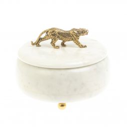 Шкатулка круглая "Гепард" из белого мрамора 15х15х12 см