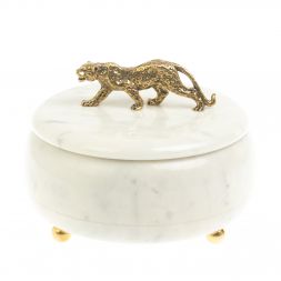 Шкатулка круглая "Гепард" из белого мрамора 15х15х12 см