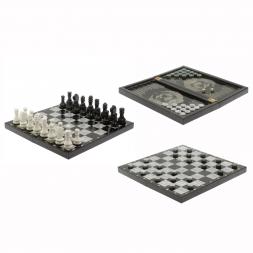 Шахматный набор 3 в 1 серый мрамор, гранит с гравировкой