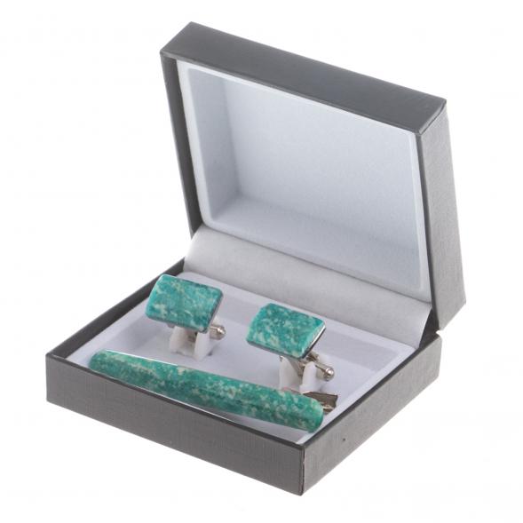 Набор запонки прямоугольные и зажим для галстука камень амазонит 124485