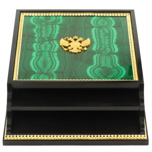 Лоток для бумаг А4 из малахита с гербом РФ 2 секции 120277