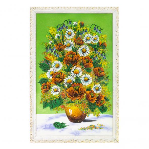 Картина &amp;quot;Букет из маков и ромашек&amp;quot; 57х87 см белый багет зеленый фон 123991
