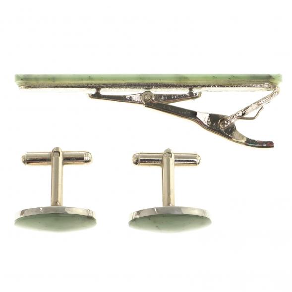 Набор запонки овальные и зажим для галстука нефрит 124082