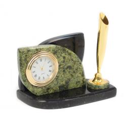 Настольная визитница с часами камень змеевик