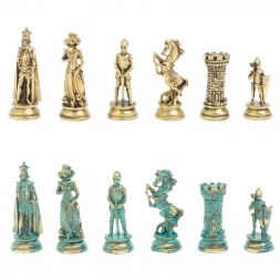 Шахматы &amp;quot;Средневековые рыцари&amp;quot; фигуры бронза / патина 44х44 см мрамор змеевик