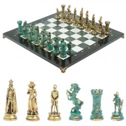 Шахматы &amp;quot;Средневековые рыцари&amp;quot; фигуры бронза / патина 44х44 см мрамор змеевик