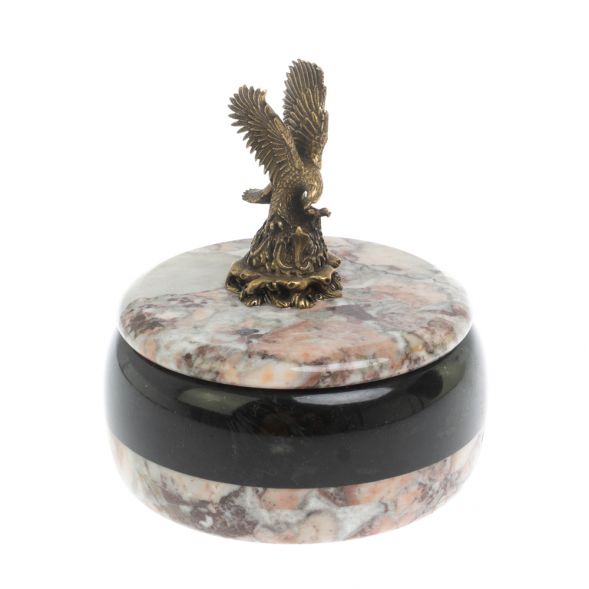 Шкатулка круглая &amp;quot;Орел&amp;quot; из креноида и змеевика 10,5х10,5х11 см 127922