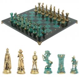 Шахматы &amp;quot;Средневековые рыцари&amp;quot; фигуры бронза / патина 44х44 см змеевик