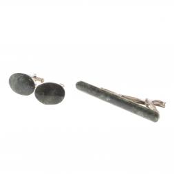 Набор запонки овальные и зажим для галстука камень актиновит