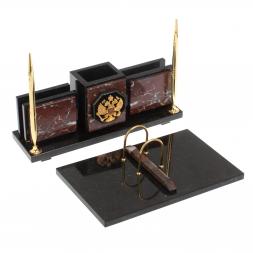 Настольный набор &amp;quot;Офисный&amp;quot; с гербом РФ из камня креноид