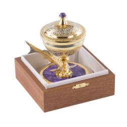 Икорница с рыбкой из бронзы "Стерлядка" камень чароит позолота Златоуст