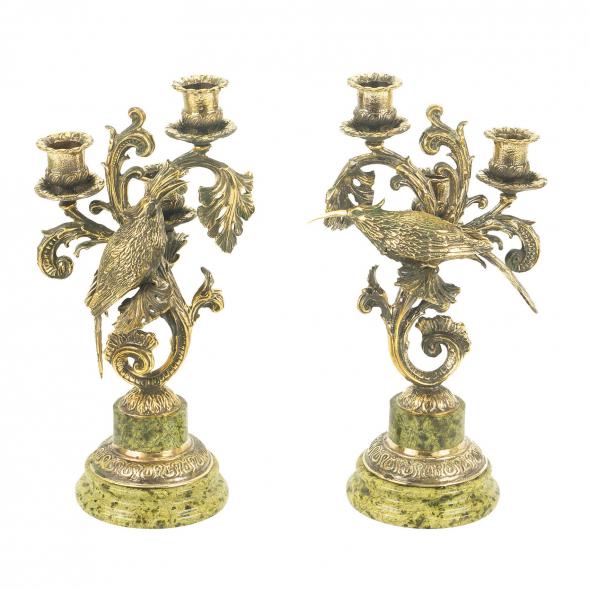 Бронзовые канделябры &amp;quot;Колибри&amp;quot; 3 свечи камень змеевик 118667