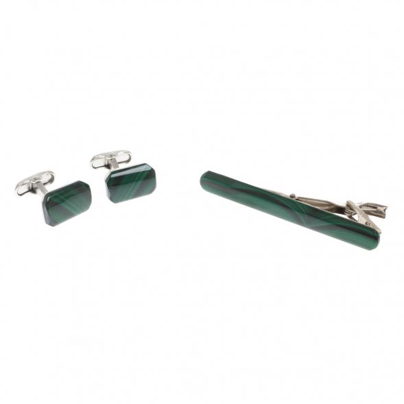 Набор запонки восьмиугольные и зажим для галстука камень малахит 128844