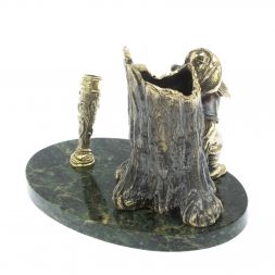 Карандашница "Гном у пня" бронза змеевик 14,5х9,5х10 см