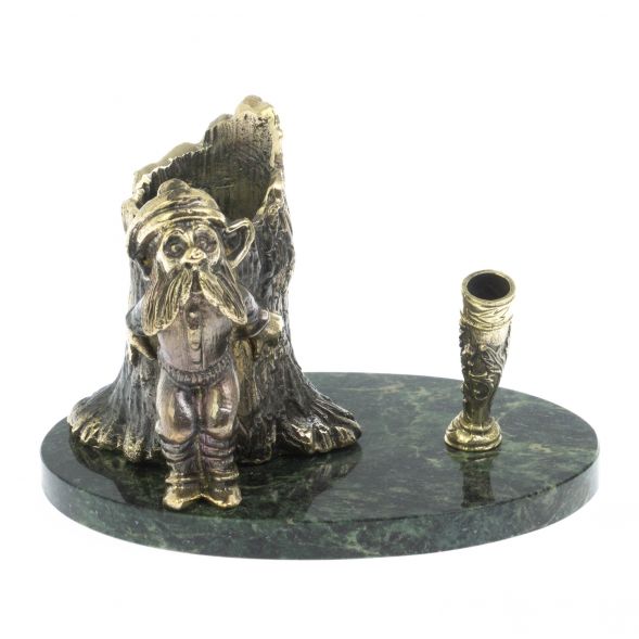 Карандашница &amp;quot;Гном у пня&amp;quot; бронза змеевик 14,5х9,5х10 см 129065