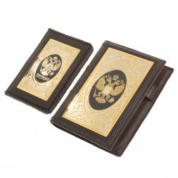 Подарочный набор "Документы" обложка для паспорта и ежедневник из коричневой кожи