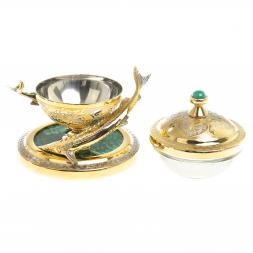 Икорница "Две стерлядки" малахит Златоуст