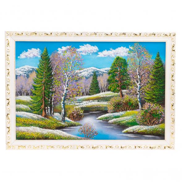 Картина &amp;quot;Весенний пейзаж&amp;quot; белый багет 66х46 см, каменная крошка 126010