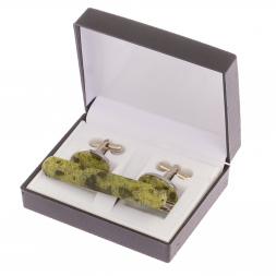 Набор запонки овальные и зажим для галстука камень змеевик