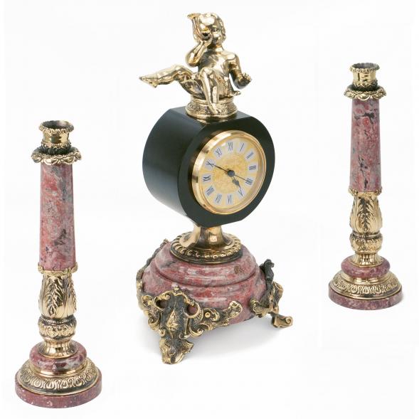 Интерьерные часы с подсвечниками &amp;quot;Ангел с дудочкой&amp;quot; камень креноид бронза 118929