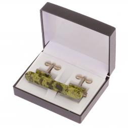 Набор запонки прямоугольные и зажим для галстука камень змеевик