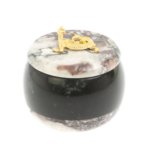 Шкатулка круглая из креноида и черного змеевика 7х7х6 см 127699