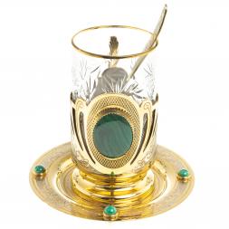 Чайная пара &amp;quot;Малахитовая&amp;quot; тарелка и подстаканник с ложкой Златоуст