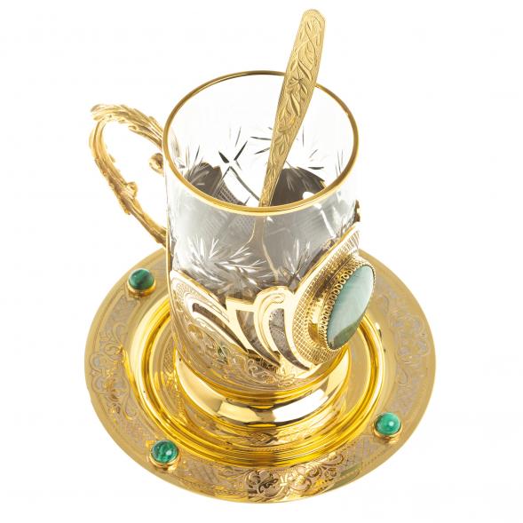 Чайная пара &amp;quot;Малахитовая&amp;quot; тарелка и подстаканник с ложкой Златоуст 113846