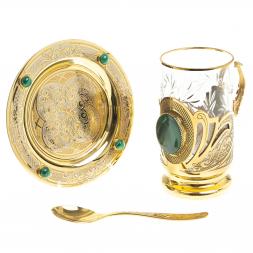 Чайная пара &amp;quot;Малахитовая&amp;quot; тарелка и подстаканник с ложкой Златоуст