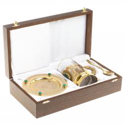 Чайная пара &amp;quot;Малахитовая&amp;quot; тарелка и подстаканник с ложкой Златоуст