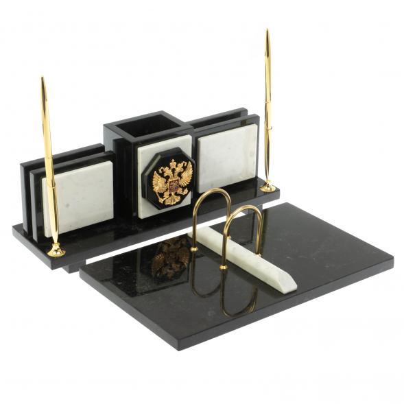 Настольный набор &amp;quot;Офисный&amp;quot; из мармора и змеевика с гербом РФ 129509