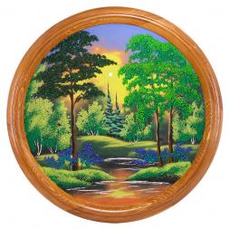 Панно каменное на тарелке из дерева "Летний пейзаж" 50 см