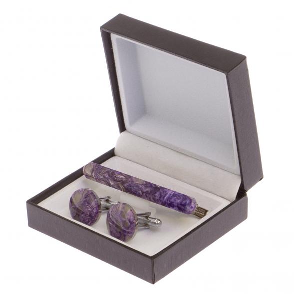 Набор запонки круглые и зажим для галстука камень чароит 125249