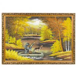 Картина &amp;quot;Охотник в лодке осенью&amp;quot; багет 46х66 см, каменная крошка