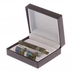 Набор запонки прямоугольные и зажим для галстука камень лабрадор