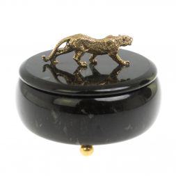 Шкатулка круглая &amp;quot;Гепард&amp;quot; из черного змеевика 15х15х12 см