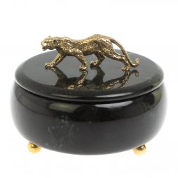 Шкатулка круглая &amp;quot;Гепард&amp;quot; из черного змеевика 15х15х12 см
