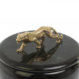 Шкатулка круглая &amp;quot;Гепард&amp;quot; из черного змеевика 15х15х12 см