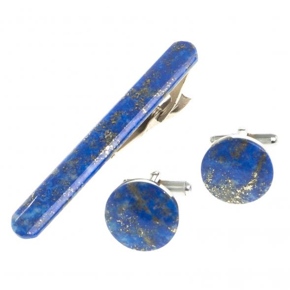 Комплект зажим для галстука и запонки круглые лазурит 123844