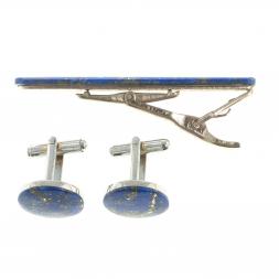 Комплект зажим для галстука и запонки круглые лазурит