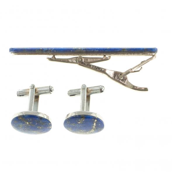Комплект зажим для галстука и запонки круглые лазурит 123844