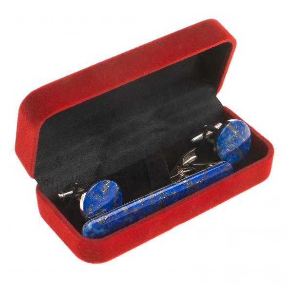 Комплект зажим для галстука и запонки круглые лазурит 123844