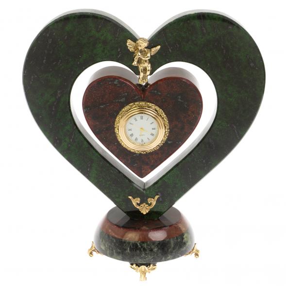 Декоративные часы «Сердце с ангелом» из змеевика и мрамора