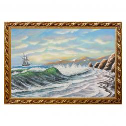 Картина "Пейзаж с парусником и скалами" багет 46х66 см, каменная крошка